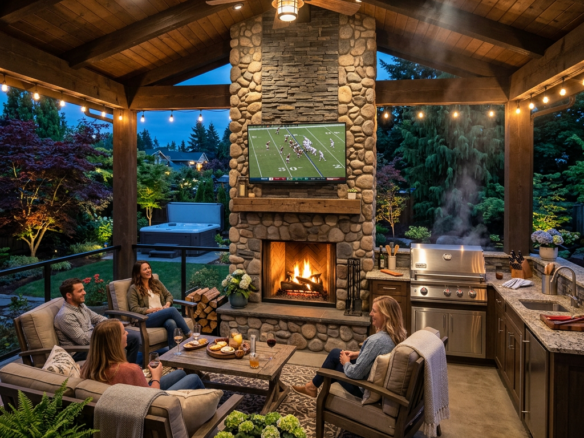 Four people sitting in an outdoor covered patio area watching football on a TV above a stone fireplace with a grill and kitchen nearby.