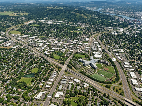 Aerial view of a Portland neighborhood with highways, parks, buildings, and Mount Hood in distance