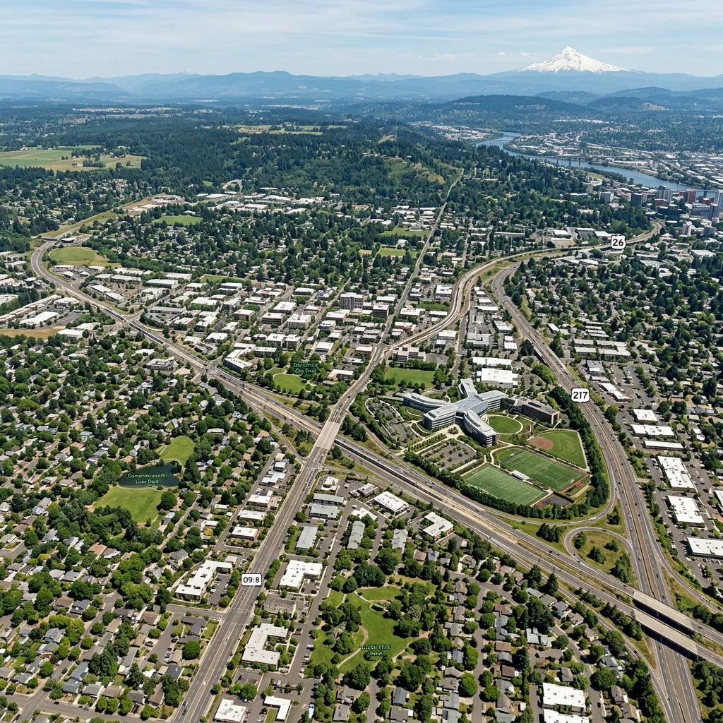 Aerial view of a Portland neighborhood with highways, parks, buildings, and Mount Hood in distance