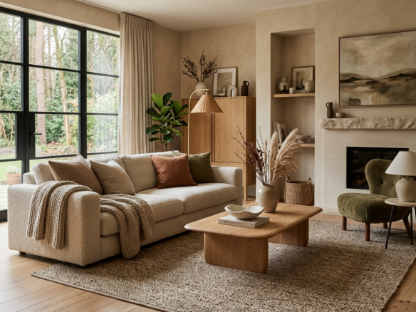 Living room with beige sofa, wooden coffee table, green armchair, and large window overlooking trees