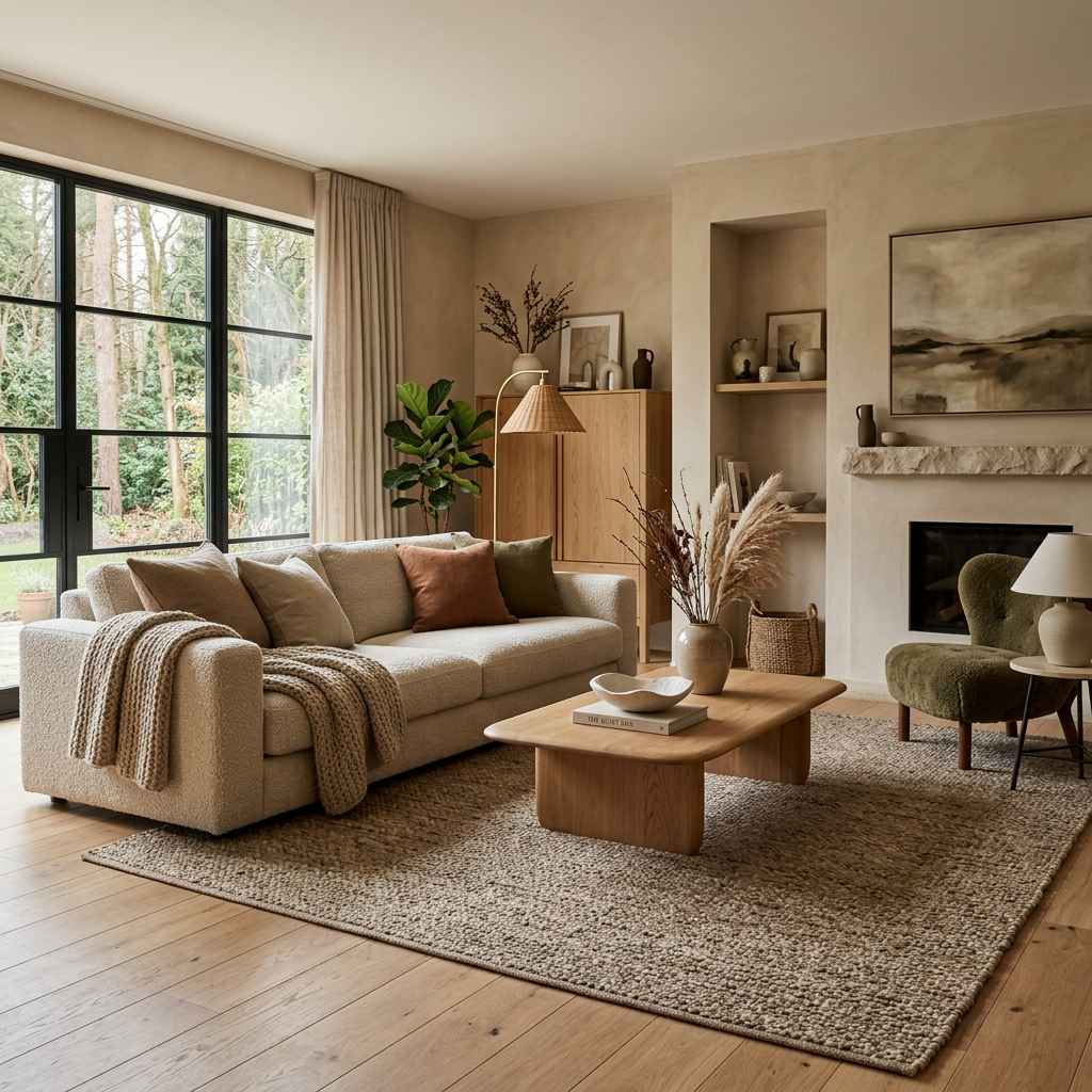Living room with beige sofa, wooden coffee table, green armchair, and large window overlooking trees